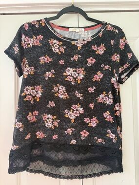 Rewind Black Short Sleeve Tee with Pink Floral & Lace Hem